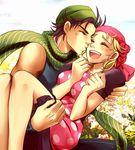  1girl bad_id bad_pixiv_id bandana battle_tendency beanie blonde_hair carrying cheek_kiss closed_eyes couple field flower flower_field green_scarf happy hat hetero jojo_no_kimyou_na_bouken joseph_joestar_(young) kiss polka_dot princess_carry scarf sleeveless striped striped_scarf suzi_q sweetblossom wristband 