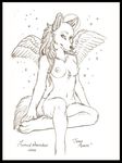  angel anthro border breasts canine female looking_at_viewer luthiennightwolf mammal monochrome nipples nude plain_background sitting sketch solo stars white_background wings wolf 