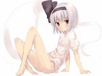  ass bad_id bad_pixiv_id barefoot blush bottomless dress_shirt feet flat_chest ghost hair_ribbon hitodama katanakko_daisuki konpaku_youmu konpaku_youmu_(ghost) naked_shirt purple_eyes ribbon shirt short_hair silver_hair sitting smile solo touhou 