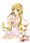  absurdres bakemonogatari barefoot blonde_hair box cut_(bu-kunn) doughnut dress eating face food hands highres long_hair monogatari_(series) oshino_shinobu sitting solo strap_slip wariza yellow_eyes 