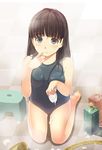  amagami ayatsuji_tsukasa bare_shoulders barefoot black_eyes black_hair breast_squeeze breasts checkered checkered_floor frown hose kneeling long_hair one-piece_swimsuit santa_(sunflower) school_swimsuit shampoo shirt small_breasts soap solo stool swimsuit taut_clothes taut_shirt 