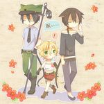  1girl 2boys animal_ears bad_id bad_pixiv_id blonde_hair cat_ears cat_tail child closed_eyes collar flower hat mini_mamu multiple_boys pants pixiv_cat_kingdom short_hair tail 