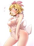  aki_(akikaze_asparagus) apron blonde_hair blush breasts brown_eyes brown_hair covering covering_crotch hair_ornament hand_on_own_chest medium_breasts multicolored_hair naked_apron nipples open_mouth see-through short_hair solo toramaru_shou touhou two-tone_hair 