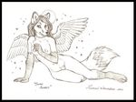  angel anthro border breasts canine female fox looking_at_viewer luthiennightwolf mammal monochrome nipples nude pinup plain_background pose pubes pubic_hair pussy sketch solo stars white_background wings 