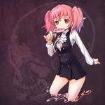  ascot bad_id bad_pixiv_id bangs breasts buttons candy clenched_hand collared_shirt dress dress_shirt fading food from_side gashadokuro holding inu_x_boku_ss light_smile lollipop long_sleeves looking_at_viewer nukomasu pink_eyes pink_hair pleated_dress roromiya_karuta shirt short_dress short_hair short_twintails skull small_breasts smile solo swirl_lollipop twintails youkai 