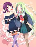  bad_id bad_pixiv_id bare_shoulders battle_spirits battle_spirits:_shounen_gekiha_dan blush green_hair heart long_hair looking_back mini_mamu momose_kajitsu multiple_girls one_eye_closed pantyhose purple_eyes purple_hair skirt smile thighhighs very_long_hair viole_mai 