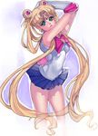  armpits arms_up arutera back_bow bad_id bad_pixiv_id banned_artist bishoujo_senshi_sailor_moon blonde_hair blue_eyes blue_skirt bow brooch double_bun elbow_gloves gloves highres jewelry long_hair magical_girl pleated_skirt red_bow ribbon sailor_moon sailor_senshi_uniform skirt solo tiara tsukino_usagi twintails very_long_hair white_background white_gloves 