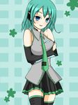  alternate_hair_length alternate_hairstyle bad_id bad_pixiv_id blue_eyes blush breast_hold breasts colorized green_background hatsune_miku headphones medium_breasts necktie short_hair shunkashuutou skirt smile solo thighhighs vocaloid 