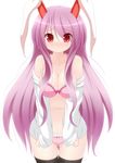  animal_ears bad_id bad_pixiv_id black_legwear blush bra breasts bunny_ears chimunge cleavage dress_shirt highres large_breasts lingerie long_hair midriff no_pants off_shoulder open_clothes open_shirt panties pink_bra pink_panties pout purple_hair red_eyes reisen_udongein_inaba shirt solo thighhighs touhou underwear very_long_hair 