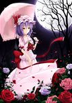  bat_wings bow cloudy.r dress flower hat highres moon night night_sky purple_hair red_eyes red_flower red_rose remilia_scarlet ribbon rose short_hair sky smile solo touhou umbrella wings wrist_cuffs 