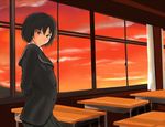  amagami black_hair blush bob_cut brown_eyes cardigan desk dusk light_smile messy_hair murasaki_iro nanasaki_ai school_uniform short_hair solo sunset window 