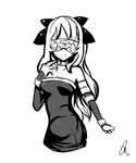  blindfold bow breasts cosplay elbow_gloves fate/stay_night fate_(series) gloves greyscale katawa_shoujo long_hair medium_breasts misharoute monochrome rider rider_(cosplay) satou_lilly simple_background solo 