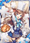  1girl :d akkijin blue_eyes blue_ribbon breasts brown_hair card_(medium) chef chef_hat chef_uniform chicken_(food) dish food frilled_skirt frills frying_pan glass hair_ornament hand_up hat indoors long_hair looking_at_viewer looking_up medium_breasts official_art open_mouth ribbon shikigami shinkai_no_valkyrie skirt smile table thighhighs 