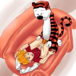  anal anal_penetration anthro bottomless calvin calvin_and_hobbes clothed clothing crazyoe cum cum_in_ass cum_in_mouth cum_inside duo erection feline gay hands-free hobbes human human_on_anthro interspecies male mammal open_mouth orgasm penetration penis sex socks tiger young 