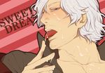  1boy aftersex bara blue_eyes blush cum dante dante_(devil_may_cry) devil_may_cry facial facial_hair licking male_focus sanako_(tsubakiiro) silver_hair solo tongue tongue_out yaoi 