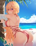  1girl :o ass azur_lane bangs bare_back bare_shoulders beach beach_chair blonde_hair blue_sky blush breasts bush cloud eyebrows_visible_through_hair hair_between_eyes hair_over_shoulder hajika halterneck highres innertube large_breasts leaning_forward long_hair looking_at_viewer looking_back multiple_straps ocean open_mouth outdoors palm_tree purple_eyes red_swimsuit richelieu_(azur_lane) richelieu_(flagship_in_the_sea_breeze)_(azur_lane) sand side-tie_swimsuit sideboob sky solo sunlight swimsuit tree umbrella very_long_hair water 