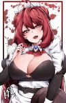  absurdres belt blood blood_splatter border breasts chickenvomit cleavage commentary_request highres king's_raid large_breasts long_hair looking_at_viewer maid open_mouth red_border red_eyes red_hair solo victorian_maid white_background 