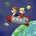  aki_minoriko aki_shizuha black_eyes blonde_hair dress earth food fruit grapes hair_ornament hat leaf leaf_hair_ornament moon multiple_girls pointing rocket saturn sitting space_craft star touhou ufo window zannen_na_hito 