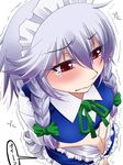  apron blush braid from_above hair_ribbon hat hayashi_custom izayoi_sakuya long_hair maid maid_headdress masturbation red_eyes ribbon silver_hair simple_background solo tears touhou trembling twin_braids vibrator white_background 