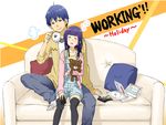  1girl blue_hair casual couch cup height_difference jacket long_hair overalls saliva short_hair sitting sleeping souma_hiroomi stuffed_animal stuffed_toy teddy_bear thighhighs working!! yamada_aoi yun-chan zettai_ryouiki 