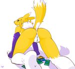  anus black_sclera blonde_hair blue_eyes butt canine card devo devo87 digimon ears female fox fur hair looking_at_viewer mammal markings nude plain_background playing_card plump_labia presenting presenting_pussy pussy renamon solo tail white_background 