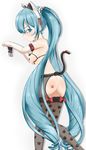  animal_ears aqua_eyes aqua_hair ass bad_id bad_pixiv_id blush bra cat_ears cat_tail cupless_bra elbow_gloves gloves hatsune_miku highres jixing_renou lingerie long_hair looking_back simple_background solo tail thighhighs twintails underwear very_long_hair vocaloid white_background 