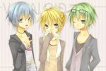  blonde_hair blue_eyes blue_hair glasses green_eyes green_hair gumiya hatsune_mikuo kagamine_len kuroi_(liar-player) scarf short_hair vocaloid 