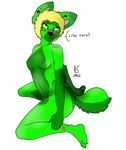  blush breasts butt canine dialog evergreen female fox freckles fur green green_eyes green_fur hair kneeling mammal romnio shy solo star talking text 