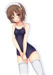  bad_id bad_pixiv_id boku_wa_tomodachi_ga_sukunai brown_eyes brown_hair fuuma_(humawww) highres kusunoki_yukimura maid_headdress one-piece_swimsuit school_swimsuit short_hair solo swimsuit thighhighs 