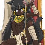  abs animal_ears bare_shoulders black_hair cat_ears cat_tail copyright_request dark_skin egyptian flat_chest gold heterochromia jewelry long_hair lowres nipples null_(null_man) oil sitting solo spread_legs tail 