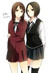  bad_id bad_pixiv_id black_legwear brown_eyes brown_hair hand_on_shoulder kataomoi_finally matsui_jurina matsui_rena multiple_girls necktie sao_(0060) ske48 skirt smile thighhighs zettai_ryouiki 