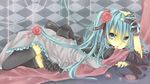  aqua_eyes aqua_hair bow dress flowers gloves hatsune_miku headphones kuroi_(liar-player) long_hair petals ribbons rose thighhighs twintails vocaloid 