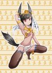  animal_ears anklet anubis bare_shoulders black_hair breasts cleavage dog_ears dog_tail egyptian egyptian_mythology gold jewelry kneeling midriff red_eyes small_breasts solo tail thighhighs uraeus xin_yu_hua_yin 