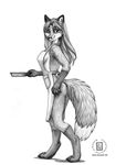  apron black_and_white bottomless breasts butt canine clothed clothing female fox greyscale half-dressed kacey mammal monochrome plain_background side_boob skimpy solo standing white_background 