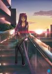  akai_yami black_legwear blouse breasts building cleavage cloud cloudy_sky high_heels highres jewelry kousaka_tamaki lens_flare long_hair long_legs looking_at_viewer medium_breasts necklace pantyhose purple_hair shoes sky smile solo stairs sunset to_heart_2 yellow_eyes 