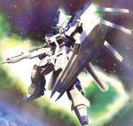  asteroid beam_rifle char&#039;s_counterattack char&#039;s_counterattack_-_beltorchika&#039;s_children char's_counterattack char's_counterattack_-_beltorchika's_children energy_gun fin_funnels glowing gun gundam hi-nu_gundam highres hiro_(hibikigaro) mecha no_humans shield solo space star weapon 