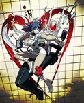  1girl alex_ahad bandages blood blue_hair body_bag breasts cleavage dress fighting_stance gloves hair_over_one_eye hat heart highres intravenous_drip lab_zero_games large_breasts mask nurse nurse_cap official_art red_eyes saw scalpel short_dress skullgirls solo stethoscope sword symbol-shaped_pupils syringe valentine_(skullgirls) weapon 