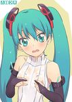  aqua_eyes aqua_hair bare_shoulders blush bridal_gauntlets elbow_gloves fingerless_gloves gloves hands_on_own_chest hatsune_miku hatsune_miku_(append) long_hair looking_at_viewer necktie open_mouth por solo twintails vocaloid vocaloid_append wet wet_clothes 