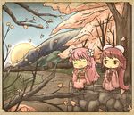  akihiyo bow closed_eyes double_bun fence finger_to_mouth flower hair_bow hair_flower hair_ornament japanese_clothes kimono long_hair mountain multiple_girls obi original personification pink_hair ponytail red_eyes red_hair sash smile sun tree very_long_hair wall 