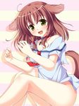  :d ahoge animal_ears asa_no_ha ass bare_legs blush bottomless breasts brown_hair chain cleavage collar dog_ears dog_tail fang hair_ornament long_hair no_panties open_mouth original small_breasts smile solo tail twintails yellow_eyes 