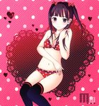  akb48 bikini black_eyes black_hair black_legwear blush bow hair_bow heart long_hair looking_at_viewer navel neuron_(exceed) pink_background polka_dot polka_dot_background polka_dot_bikini polka_dot_bow red_bikini red_bow smile solo striped striped_background swimsuit twintails two_side_up watanabe_mayu 