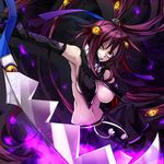  breasts evil_grin evil_smile eyes grin kaida_michi large_breasts long_hair navel purple_hair sicx_lives smile solo stitches sword underboob very_long_hair weapon yellow_eyes 