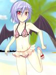  bad_id bad_pixiv_id beach bikini colorized flat_chest highres looking_at_viewer purple_hair raisei red_eyes remilia_scarlet short_hair solo swimsuit touhou wings 