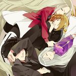  3girls ^_^ artoria_pendragon_(all) black_hair black_legwear blonde_hair boots closed_eyes covering_face dress emiya_kiritsugu facial_hair family fate/zero fate_(series) formal grey_hair gum_(gmng) illyasviel_von_einzbern irisviel_von_einzbern long_hair mother_and_daughter multiple_girls necktie pant_suit pantyhose ponytail saber silver_hair sleeping stubble suit thigh_boots thighhighs white_hair 