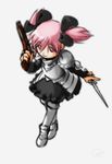  antique_firearm armor armored_dress dagger drawfag firearm greaves gun handgun kaname_madoka lowres mahou_shoujo_madoka_magica pauldrons pink_eyes pink_hair pistol skirt solo twintails weapon 