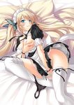  acami alternate_hairstyle bed blonde_hair blue_eyes blush boku_wa_tomodachi_ga_sukunai breast_hold breasts butterfly_hair_ornament covering covering_breasts dress dress_tug embarrassed fang hair_ornament kashiwazaki_sena large_breasts long_hair maid maid_headdress nipples panties panties_around_one_leg pillow solo tears thighhighs twintails underwear 