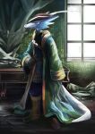  2018 absurd_res anthro blue_eyes blue_scales boots clothed clothing curtains footwear frong_view front_view full-length_portrait fully_clothed green_theme hat hi_res inside looking_at_viewer male plive portrait robe scales scalie smaller_version_at_source solo standing table window 