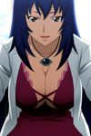  1girl :d blue_hair breasts brown_hair bust cleavage collarbone face female hair_between_eyes huge_breasts indoors jewelry labcoat long_hair looking_at_viewer maken-ki maken-ki! nijou_aki nurse open_mouth pendant school_nurse smile solo stitched upper_body 