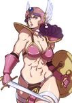  abs armor bikini_armor blue_eyes breasts choker cleavage collarbone curly_hair dragon_quest dragon_quest_iii gloves helmet highres large_breasts lips loincloth long_hair midriff navel pauldrons purple_hair shield simple_background soldier_(dq3) solo sword thigh_strap twinpoo warrior weapon winged_helmet 