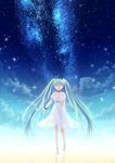  bracelet choker closed_eyes cloud dress green_hair hand_on_own_chest hatsune_miku highres jewelry lazy_orange long_hair milky_way necklace night night_sky open_mouth sky solo star_(sky) starry_sky twintails very_long_hair vocaloid 